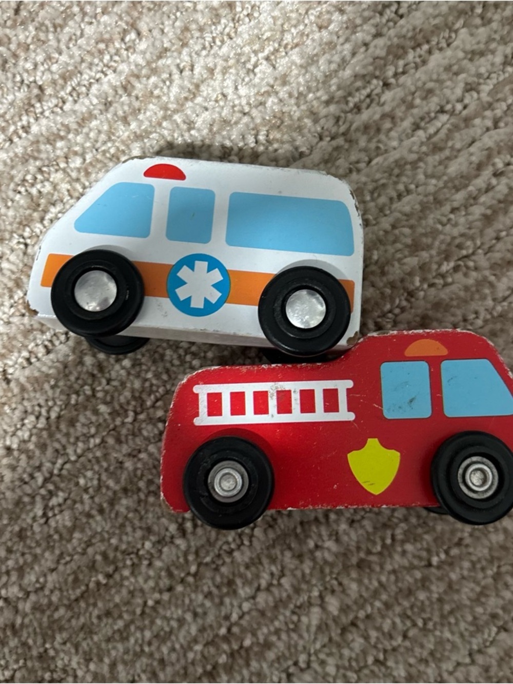Melissa and Doug Lot Of 2 Wooden Rescue Vehicles Red Fire Engine White Ambulance